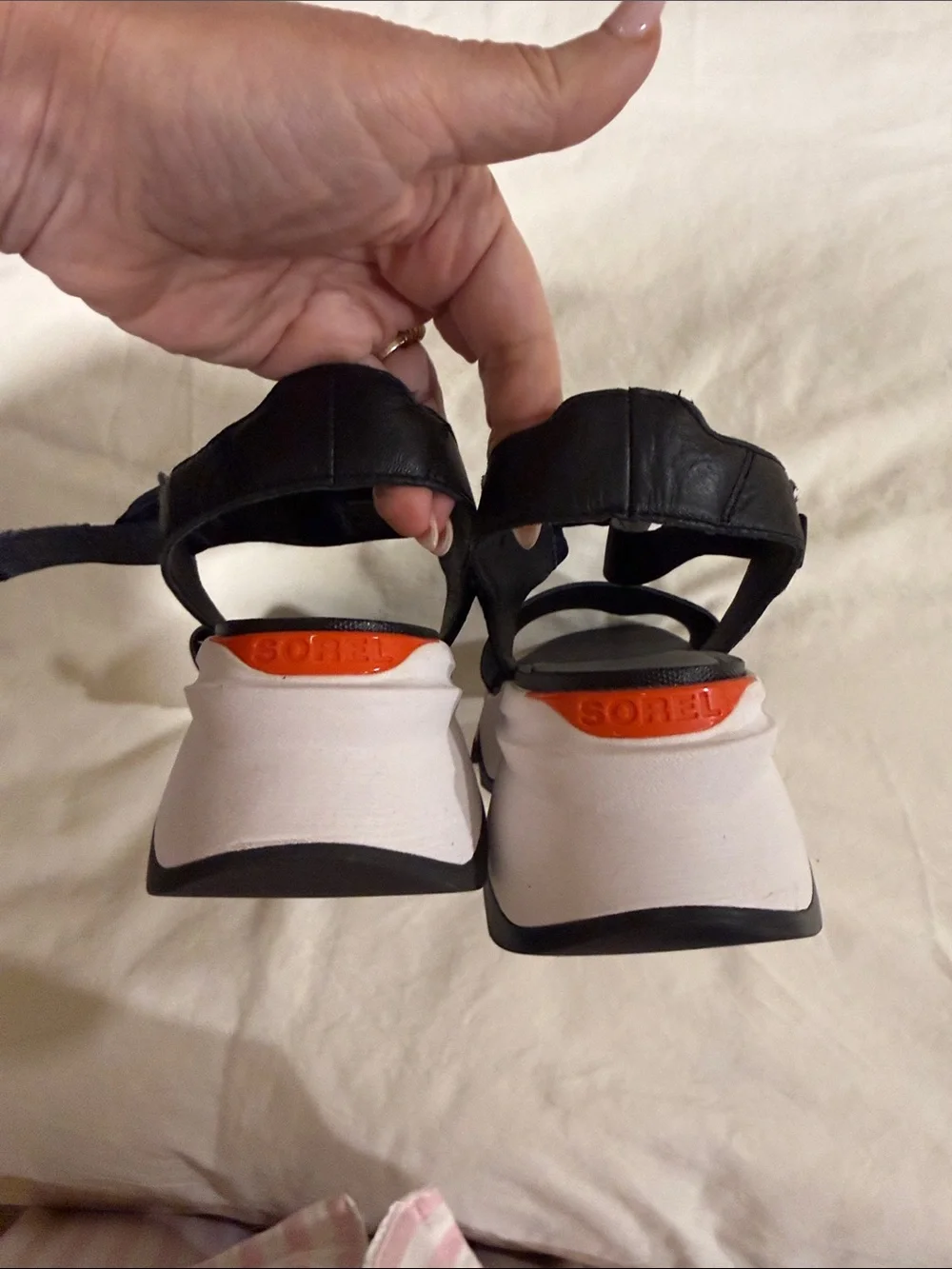 Sorel Black Women’s Sport Sandals with White Sole and Orange Heel Accent